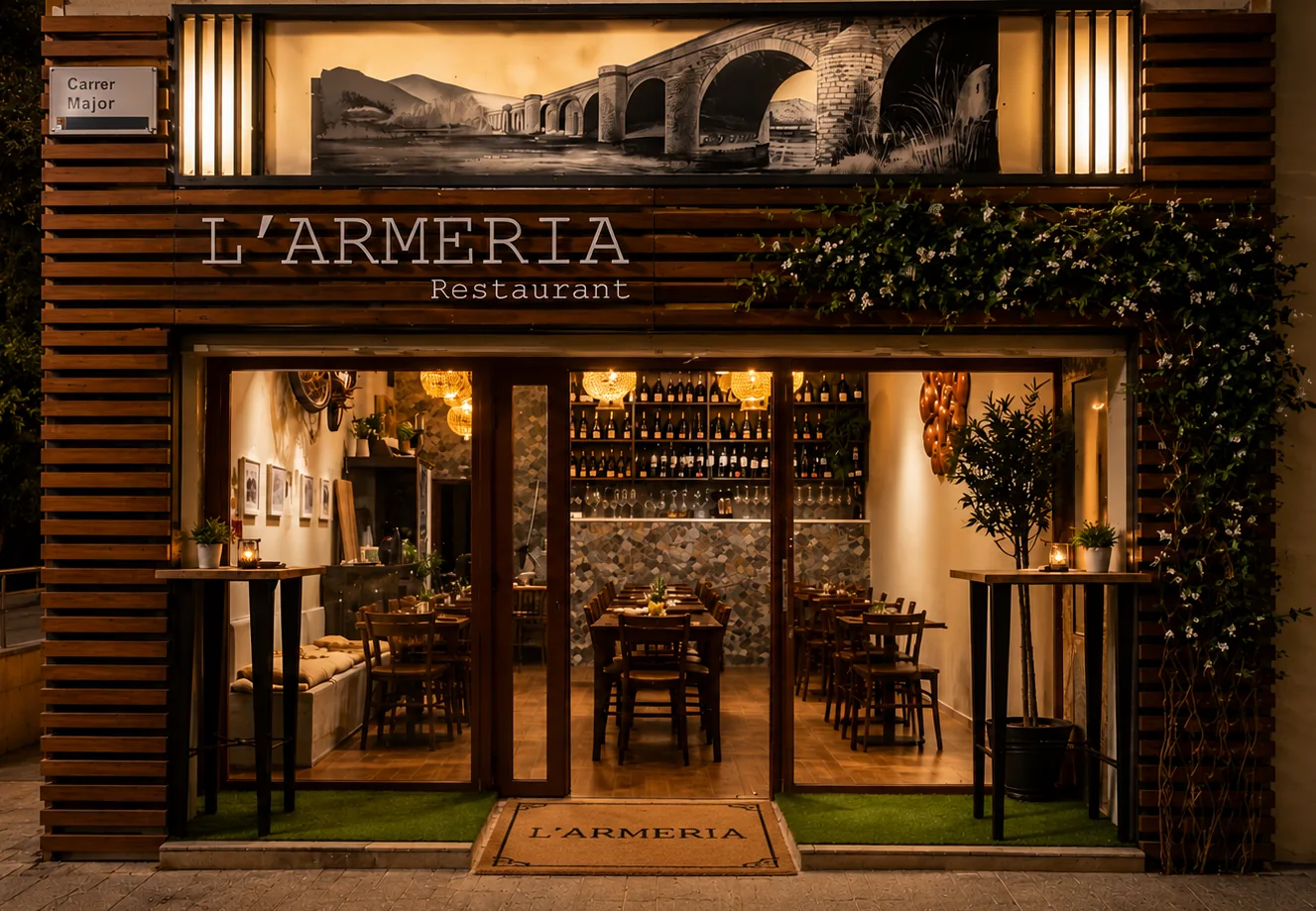 Entrada con alfombra de bienvenida del restaurante mediterráneo L'Armeria en Carrer Major, 48, Molins de Rei