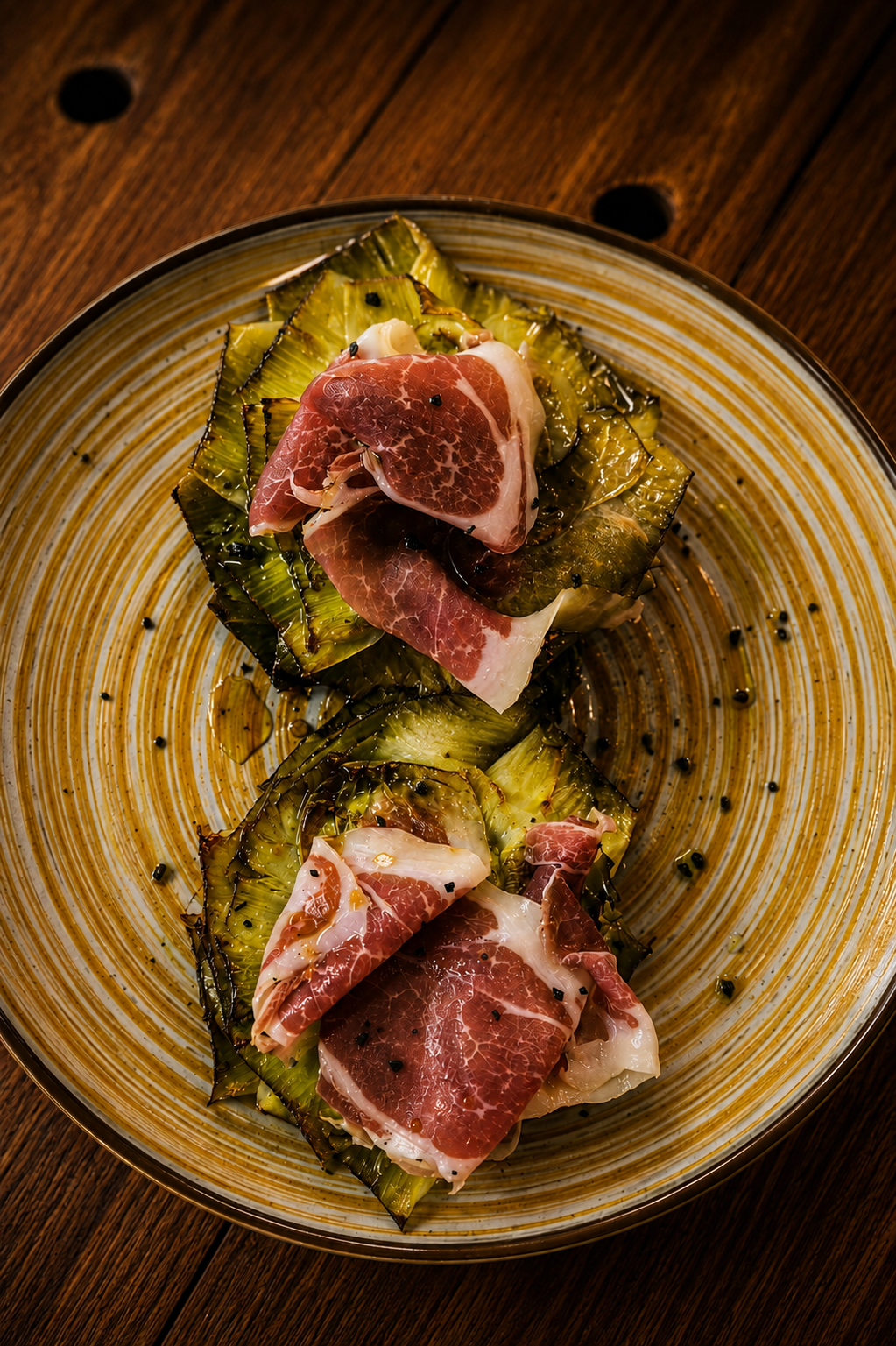Alcachofa en flor con yema y jamón ibérico — L'Armeria Restaurant, Molins de Rei